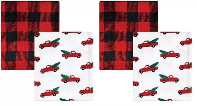 Hudson Baby Унисекс Детское одеяло из шелковистого плюша и кораллового флиса, грузовик «Рождественская елка», 30x36 дюймов (2 шт. в упаковке), Christmas Tree Truck