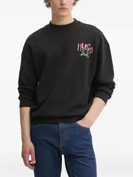 HUGO Хлопковая толстовка с логотипом Happy, черный