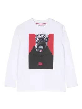 HUGO KIDS футболка с длинными рукавами и фотопринтом, белый