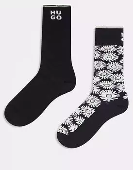 HUGO RED, 2 пары носков с логотипом на спине и ромашками, черного цвета