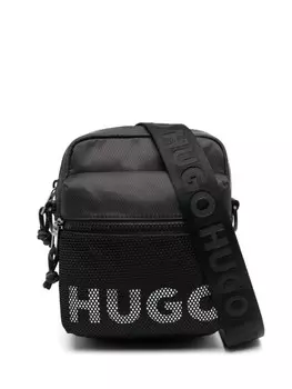 HUGO сумка-мессенджер с контрастным логотипом и сетчатым покрытием, черный