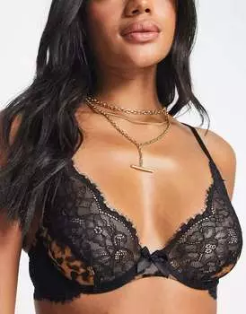 Hunkemoller X Nyakim Gatwech Evie Бюстгальтер с глубоким вырезом без подкладок с кружевом и принтом леопардового принта