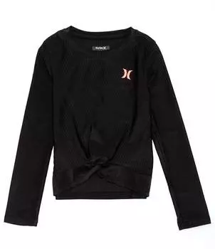 Hurley Большой трикотажный топ в рубчик с длинными рукавами и закрученной передней частью для девочек, черный