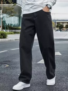 Hypemode Мужские джинсы свободного кроя со скошенными карманами Прямые широкие брюки потертые джинсы-карго однотонные черные рабочие базовые Manfinity, черный