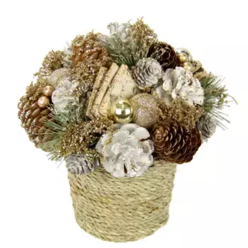 И.ГЕ.А. Искусственное растение «Шишки натуральной композиции», в горшке с елочными шарами, еловая композиция, новогоднее украшение, украшение стола I.Ge.A., золотой