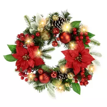 И.ГЕ.А. Искусственный венок «Адвентский венок Пуансеттия со светодиодными гирляндами», ягоды шарики шишки пуансеттия ветки Рождественский венок дверной венок I.Ge.A., красный/золотой
