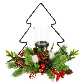 И.ГЕ.А. Подсвечник "Декоративная фигурка металлическая елочка со стеклянной вставкой", (1 шт.), еловые ветки шишки, подсвечник, декоративная подсветка, новогоднее украшение фонарь I.Ge.A., зеленый/красный