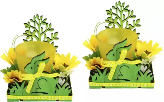 И.ГЕ.А. Подсвечник "Зайчик", набор из 2-х фонариков Пасхальный заяц стеклянные деревянные подсвечники весенний венок 3D I.GE.A. 10х11 см, цвет gelb