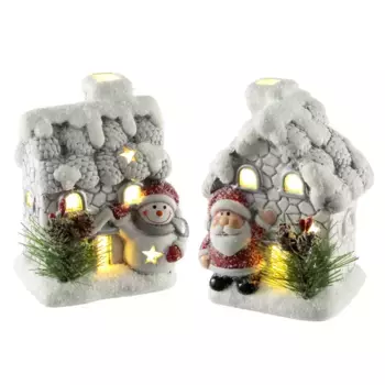 И.ГЕ.А. Светодиодная декоративная фигура "Домик со Снеговиком Дед Мороз LED лампочка", набор из 2-х предметов, украшение для дома, украшение для дома, Новогоднее украшение, Адвент, украшение I.Ge.A., белый/красный