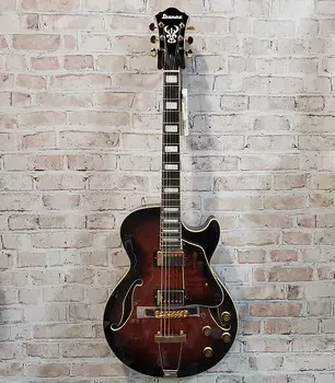 Ibanez AG95QA-DBS Artcore Expressionist Hollow Body Single Cutaway Стеганый ясень HH с переплетом Ebony F AG95QA-DBS Artcore Expressionist Hollow Body Single Cutaway Quilted Ash HH with Bound Ebony Fretboard, Gold Hardware