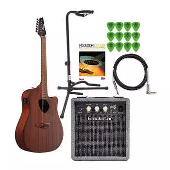 Ibanez ALT20 Altstar Acoustic-Electric Guitar (Open Pore Natural) Комплект с усилителем 10E, подставкой для гитары, гитарным кабелем, учебником по игре на гитаре и гитарными медиаторами (12 шт. в упаковке)