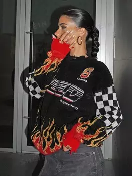 ICON Байкерский весенний свитер, легкий узор с буквами, заниженная линия плеча Shein, черный