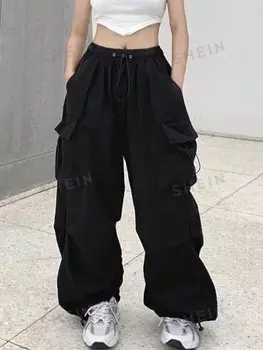 ICON Большие размеры Карманы на шнурке Свободного кроя повседневные черные брюки-карго Shein, черный
