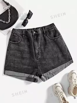 ICON Джинсовые шорты больших размеров с закругленными краями Shein, черный