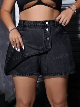 ICON Джинсовые шорты с множеством карманов и пуговицами спереди, повседневная одежда больших размеров Shein, черный