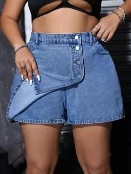 ICON Джинсовые шорты с множеством карманов и пуговицами спереди, повседневная одежда больших размеров Shein, синий