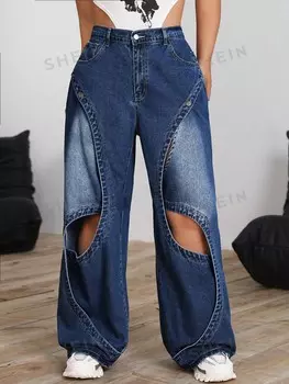 ICON Джинсы больших размеров Множество карманов, пуговицы спереди, свободная, воздушная форма, подходит для Повседневного ношения Shein, тёмно-синий