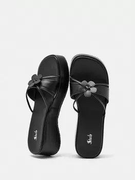 ICON Элегантные Женские босоножки без шнуровки черного цвета на низком каблуке, босоножки с цветочным декором Shein, черный