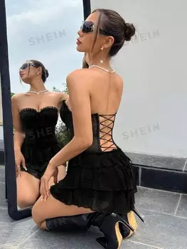 ICON Многоярусное кружевное платье крест-накрест со рюшами и чашечками в стиле пэчворк Shein, черный