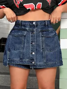 ICON Однотонные джинсовые шорты большого размера с карманами и летними пуговицами Shein, тёмно-синий