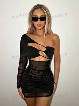 ICON Платье для встречи выпускников, стиль Y2K, сетчатая ткань, лоскутное шитье, асимметричный вырез, Однотонное, открытый разрез, крой Shein, черный