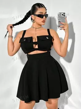 ICON Плюс Размер Сплошное цветное летнее платье миди без рукавов на бретелях и плечах Shein, черный