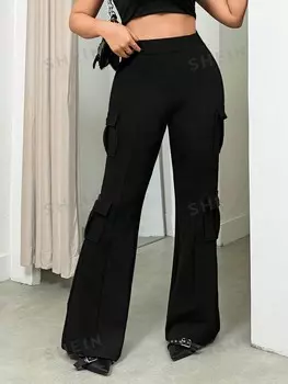 ICON Plus Size 3D Workwear Block Pocket Knit Skinny Flare Брюки-карго, удобные в носке Shein, черный