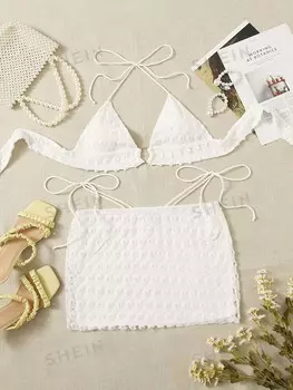 ICON, Рубашка с воротником через шею, украшение в виде петель, галстук, открытая спина и юбка Shein, белый