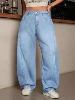 ICON Широкие джинсы со скошенными карманами и высокой талией больших размеров Shein, голубой