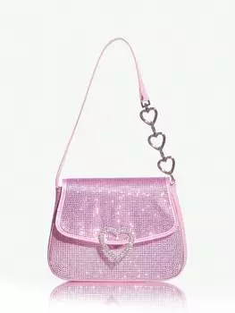 ICON Twinkle Blingbling Ladies Women Y2K Розовая сумка через плечо со стразами в форме сердца с пряжкой
