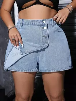 ICON Женская джинсовая юбка больших размеров с однобортной передней панелью Shein, синий