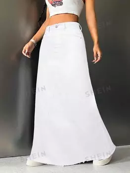 ICON Женская повседневная джинсовая юбка с лоскутным шитьем и шлепками по низу Shein, белый