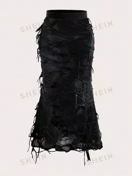 ICON Женская юбка больших размеров, рваная деталь, рыбий хвост Shein, черный