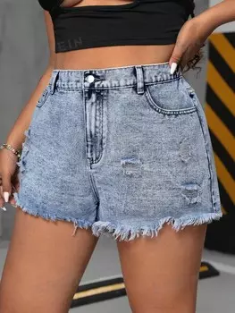ICON Женские джинсовые шорты больших размеров, рваные детали, потертые края, потертые Shein, светло-голубой