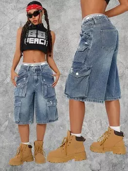 ICON Женские летние модные широкие джинсовые шорты Shein, тёмно-синий