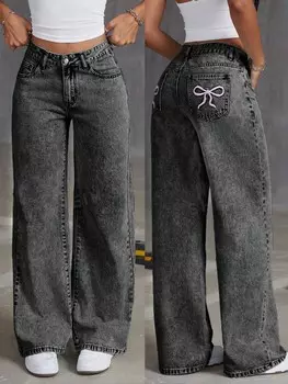 ICON Женские Прямые джинсы с вышивкой бантом и выбеленной тканью Shein, темно-серый