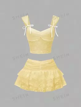 ICON Женский комплект кружевной майки Декорировано рюшами и бантиком на груди, юбка с резиновым прихватом, кружевными рюшами и складками Комплект из 2 штук Shein, желтый
