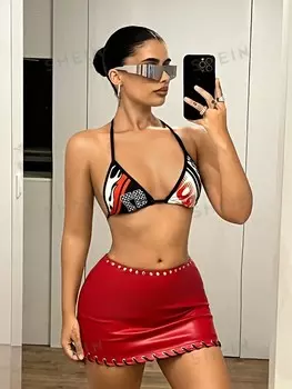 ICON Женский сексуальный комплект из 2 предметов с высоким бралеттом без косточек и мини-юбкой, выкройка для гонок на мотоциклах из США Shein, красный/белый