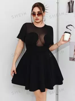 ICON Женское платье больших размеров, сетка, узор пэчворк, короткие рукава Shein, черный