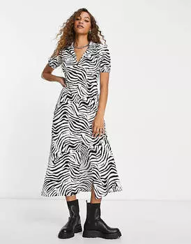 Идеальное чайное платье миди моно-зебры ASOS DESIGN