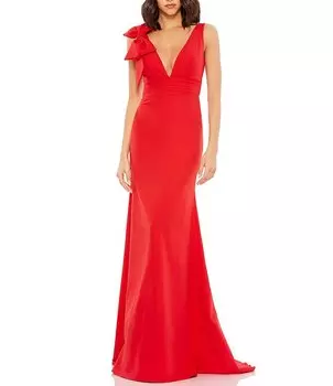 Ieena for Mac Duggal Платье А-силуэта без рукавов с глубоким вырезом и бантом на спине с глубоким вырезом на спине, красный
