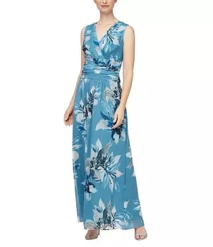 Ignite Evening Petite Size с цветочным принтом и v-образным вырезом, без рукавов, со складками на талии, шифоновое платье макси Ignite Evenings, синий