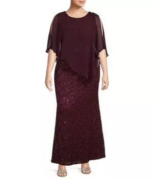 Ignite Evening Plus Размер Кружевное платье с короткими рукавами и круглым вырезом из бисера и пайеток с цветочным принтом Ignite Evenings, фиолетовый