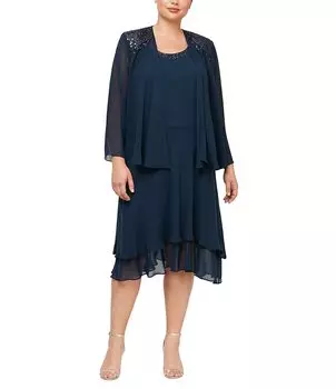 Ignite Evening Plus Размер с круглым вырезом и длинными рукавами, блестками, плечами, миди, многоуровневое платье-куртка с подолом Ignite Evenings, синий