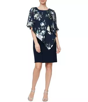 Ignite Evenings Асимметричное платье-футляр с круглым вырезом и короткими рукавами-накидкой, синий