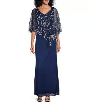 Ignite Evenings Асимметричное платье из блестящей сетки с рукавами 3/4 и V-образным вырезом из джерси, синий