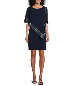 Ignite Evenings Асимметричное платье с вырезом «лодочка» и рукавами 3/4 с открытыми плечами и отделкой из фольги, синий