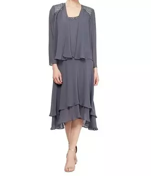 Ignite Evenings Многоуровневое платье-жакет из двух предметов с блестками на плечах и овальным вырезом, серый