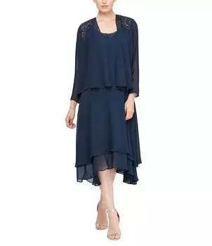 Ignite Evenings Petite Размер овальный вырез с длинными рукавами и блестками на плечах, длина миди, платье-жакет из двух предметов, синий