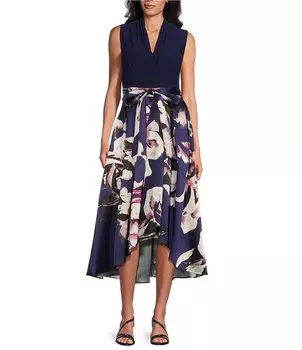 Ignite Evenings Платье миди без рукавов с высоким и низким вырезом из микадо с цветочным принтом и завязкой на талии, цветочный